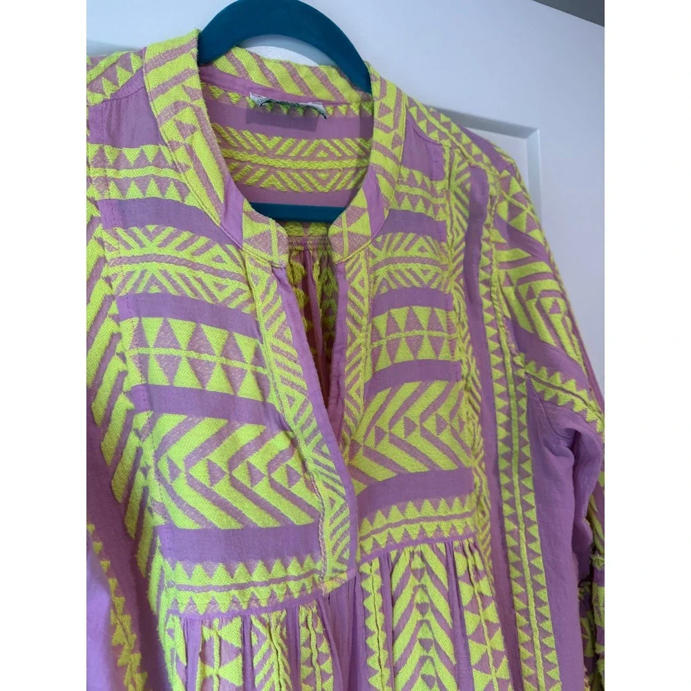Devotion Twins Ella Pink Neon Yellow Geometric Jacquard Tiered Mini Dress Large - Picture 2 of 4